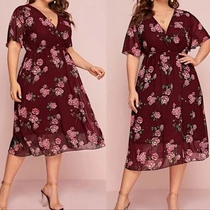 Plus floral print A line dress burgundy